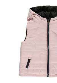 Jasnoróżowa ocieplana kamizelka z kapturem, z przednim zamkiem błyskawicznym, czarnymi akcentami i bocznymi kieszeniami. Teksturowany pikowany wzór z przodu.