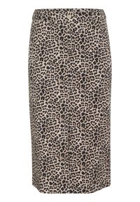 Jupe crayon imprimée léopard avec une base beige et des taches noires ; elle dispose d'une taille élastique, d'une fermeture à boutons à l'avant et d'une silhouette droite.