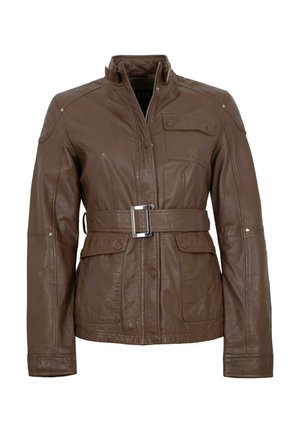 Braune Lederjacke mit Stehkragen, Frontreißverschluss und Druckknöpfen, tailliertem Gürtel, Brust- und unteren Klappentaschen sowie langen Ärmeln.