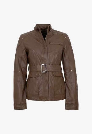 Braune Lederjacke mit Stehkragen, Frontreißverschluss und Druckknöpfen, tailliertem Gürtel, Brust- und unteren Klappentaschen sowie langen Ärmeln.