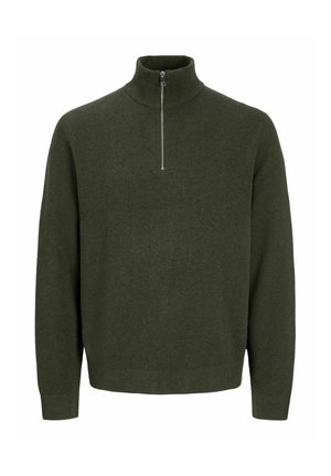 Long-sleeve dark green knit sweater with a high collar and a short silver zipper at the neck.