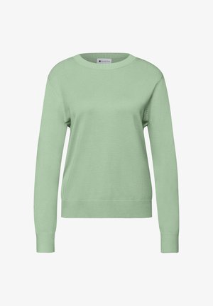 Mieteenvihreä neuletakki, valmistettu pehmeästä neulosmateriaalista. Siinä on pyöreä kaula-aukko, pitkät hihat sekä resorit hihansuissa ja helmassa. Yksinkertainen, sileä pintatekstuuri.