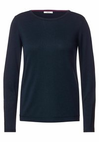 Donkerblauwe trui met lange mouwen, ronde hals, geribbelde manchetten en zoom. Voorzien van subtiele details aan de mouwen. Zachte textuur.