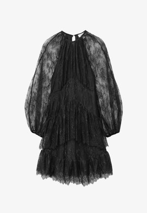 Schwarzes Spitzenkleid mit langen Puffärmeln, einem Rücken mit Schlüssellochausschnitt, einem mehrlagigen Rüschensaum und einem floralen Muster auf dem transparenten Stoff.