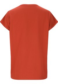 Rød bomuld T-shirt med rund halsudskæring, korte ærmer og lige snit. Stoffet har en glat tekstur og en ensfarvet farve.