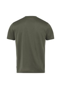 T-shirt à manches courtes en vert olive, fabriqué en tissu doux. Il présente un col rond et une coupe droite sans motifs ni accents visibles.