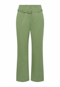 Green, high-waisted trousers with a belt featuring metal hardware. The design includes a straight leg and tailored silhouette with stitched details.