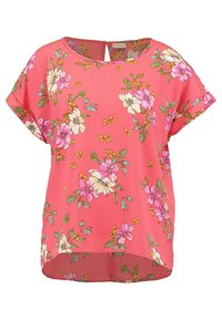 Blumenbluse mit kurzen Ärmeln in Koralle mit pinken und weißen Blumen, runder Ausschnitt, Cut-out im Rücken und abgerundetem Saum. Hergestellt aus leichtem Stoff.