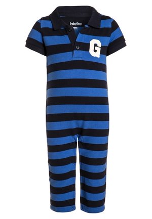 Combinaison bébé à manches courtes avec rayures horizontales bleues et noires, col, boutons-pression aux jambes, et un "G" blanc sur la poitrine.