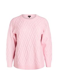 Gaiši rozā adīta džemperis ar teksturētu dimanta rakstu, ribotiem apkakles un aproču malām, kā arī brīvu piegriezumu. Mīksta auduma ar mājīgu izskatu.