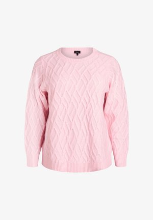 Gaiši rozā adīta džemperis ar teksturētu dimanta rakstu, ribotiem apkakles un aproču malām, kā arī brīvu piegriezumu. Mīksta auduma ar mājīgu izskatu.
