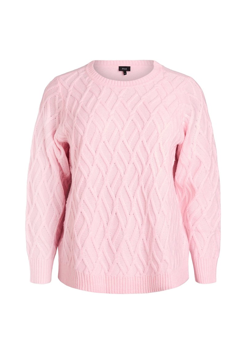 Gaiši rozā adīta džemperis ar teksturētu dimanta rakstu, ribotiem apkakles un aproču malām, kā arī brīvu piegriezumu. Mīksta auduma ar mājīgu izskatu.