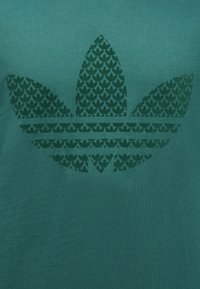 Tumši zaļa auduma ar lielu Adidas trifoliāra logo, kas sastāv no vairākiem mazākiem trifoliāra logotipiem nedaudz tumšākā nokrāsā.