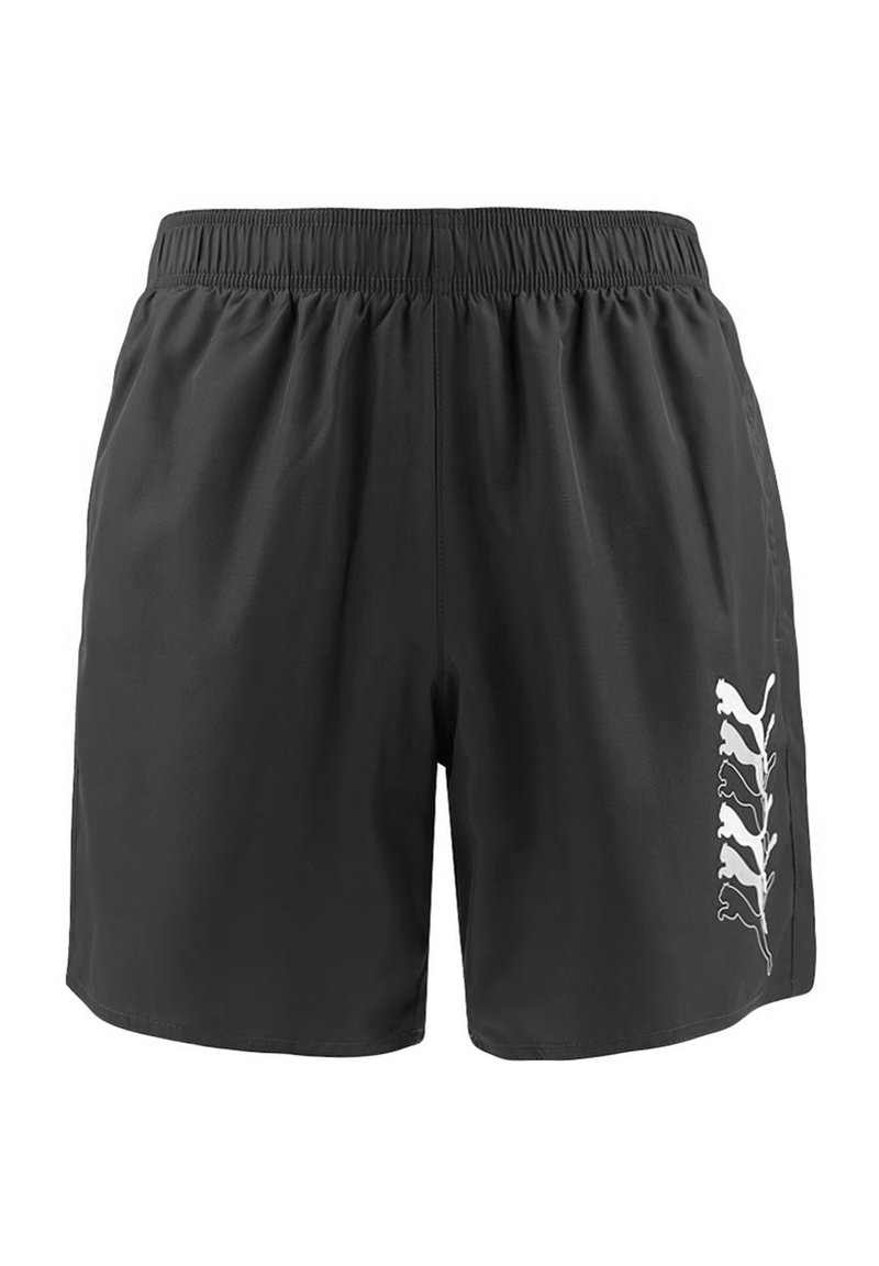 Shorts deportivos negros con cinturilla elástica, que presentan un diseño gráfico blanco en un lateral. Fabricados con un tejido ligero y transpirable.