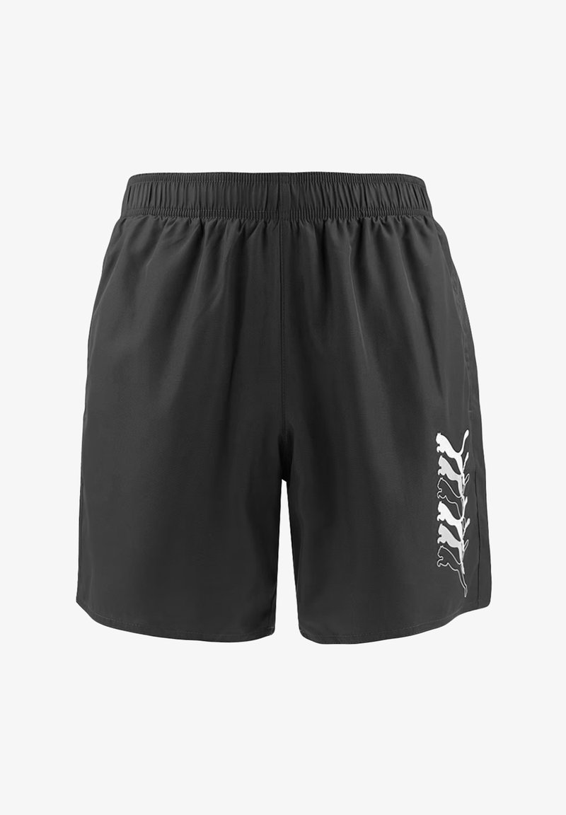 Shorts deportivos negros con cinturilla elástica, que presentan un diseño gráfico blanco en un lateral. Fabricados con un tejido ligero y transpirable.