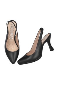 Tacones slingback de cuero negro con punta afilada, diseño de talón abierto y un tacón de bloque geométrico. El interior cuenta con plantilla texturizada.