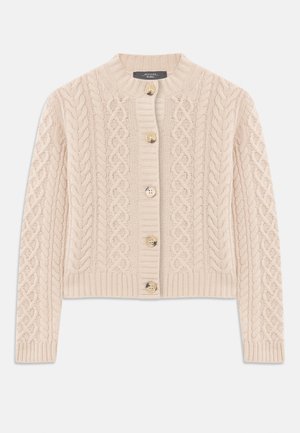 Cárdigan de punto beige con un patrón de trenzas, dobladillo y puños acanalados, escote redondo y cinco botones decorativos en la parte delantera.