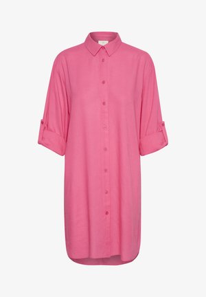 Camicia rosa a maniche lunghe con chiusura a bottoni, colletto e polsini arrotolati. Realizzata in un tessuto leggero e texturizzato.