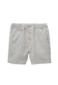 Shorts rayés en tissu léger, avec un fond crème et des rayures verticales marines, taille élastique et trois boutons en bois.