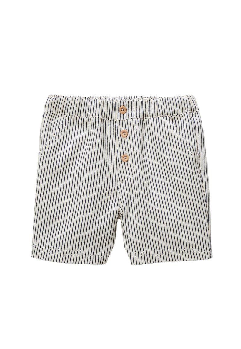 Shorts rayés en tissu léger, avec un fond crème et des rayures verticales marines, taille élastique et trois boutons en bois.