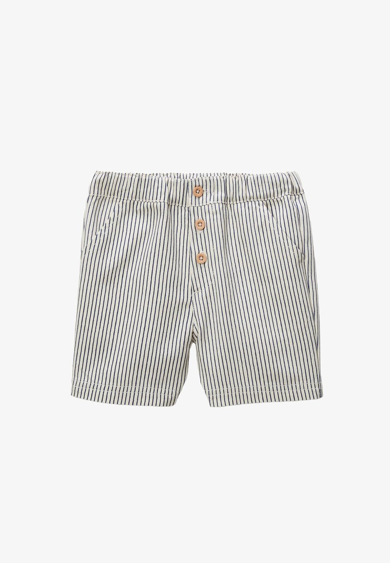 Shorts rayés en tissu léger, avec un fond crème et des rayures verticales marines, taille élastique et trois boutons en bois.
