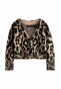 Leopardenmuster gekürzter Cardigan in Beige, Schwarz und Grau, mit V-Ausschnitt, Knopfverschluss und strukturiertem Strickdesign.