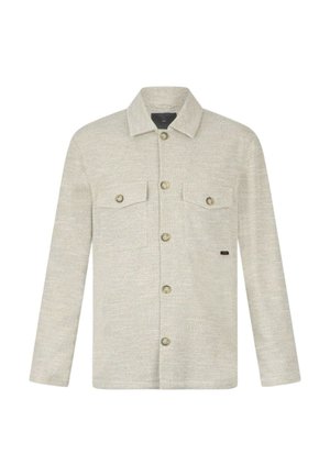 Camicia beige chiaro con tessitura, abbottonatura frontale con tasche anteriori, collo con colletto e bottoni color cuoio. Design minimalista con dettagli sottili.