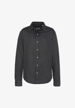 Camicia nera a maniche lunghe con colletto, bottoni a pressione bianchi e etichetta del marchio Schott visibile all'interno del colletto.