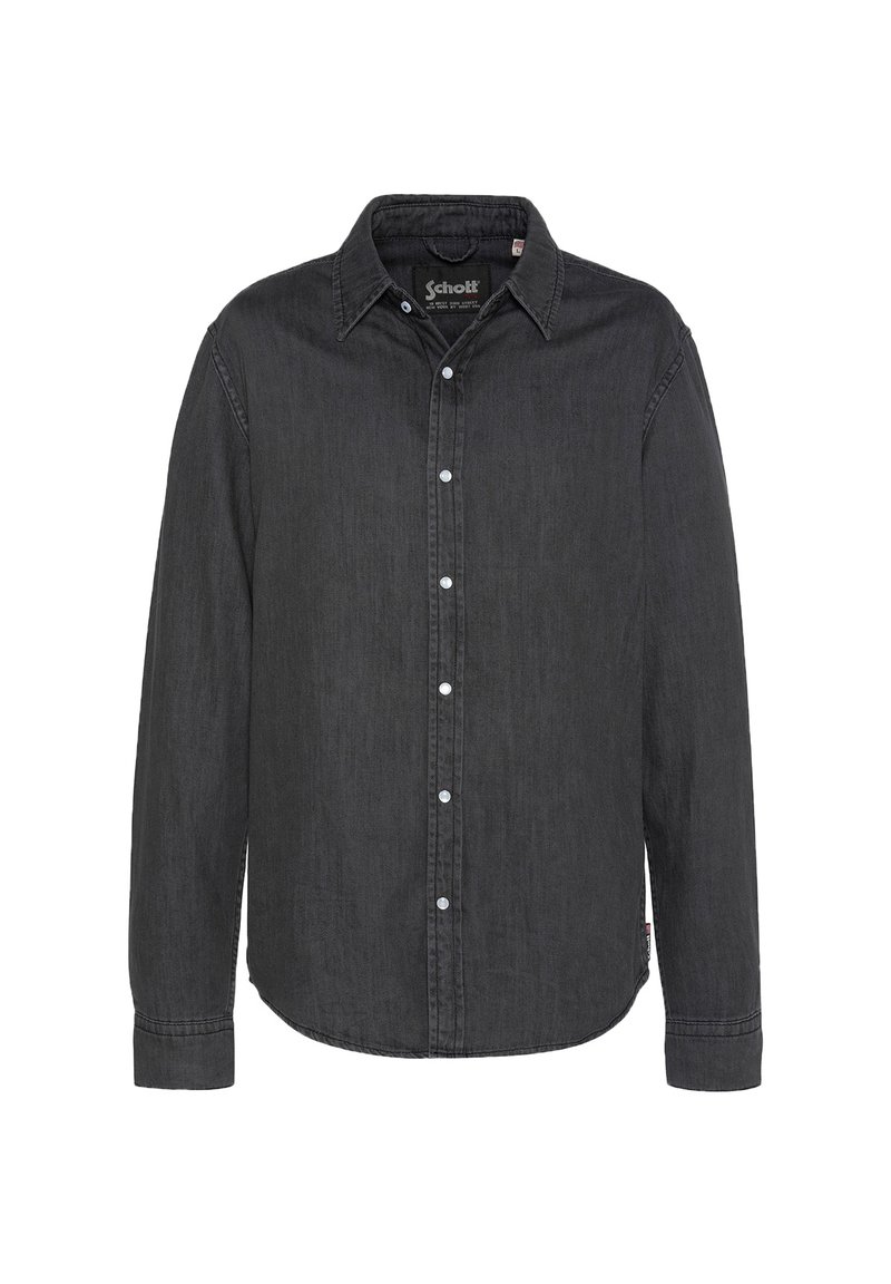 Zwarte lange mouwen blouse met knopen, kraag, witte drukknoopknopen en zichtbare Schott merklabel binnenin de kraag.
