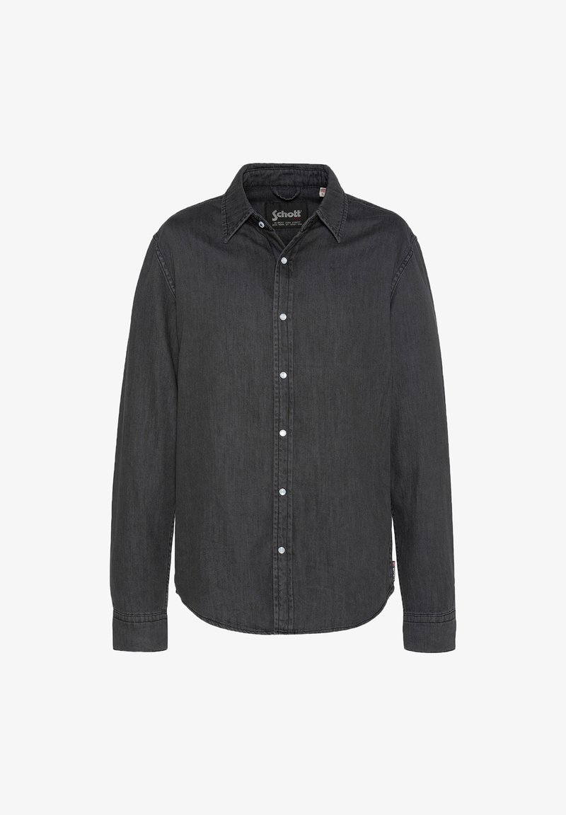 Camicia nera a maniche lunghe con colletto, bottoni a pressione bianchi e etichetta del marchio Schott visibile all'interno del colletto.