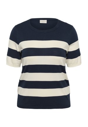 Maglia a righe con strisce alternate in blu scuro e crema. Maniche corte, scollo rotondo e tessuto morbido e strutturato.