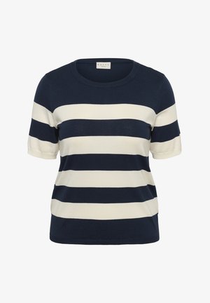 Top tricotat în dungi, cu dungi alternative în bleumarin închis și crem. Mâneci scurte, guler rotund și material moale, texturat.