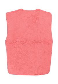 Korallenrosa ärmellose Fleeceweste, von hinten gezeigt, mit einer weichen, texturierten Oberfläche und einem einfachen, kragenlosen Ausschnitt.