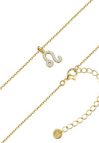 Z�łocony naszyjnik z dekoracyjnym wisiorkiem w kształcie znaku zapytania zdobionym przezroczystymi kryształkami. Posiada zapięcie typu karabińczyk i łańcuszek przedłużający.