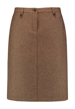 Brauner Wollrock mit Fischgrätmuster, Knopfdetails am Bund und an der vorderen Naht, knielang, gerade geschnitten.