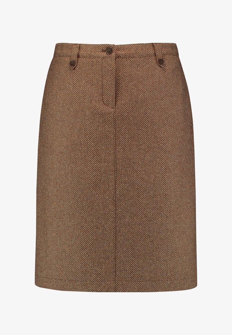 Jupe en laine marron à motif chevron avec des boutons sur la ceinture et la couture avant, longueur au-dessus du genou, coupe droite.