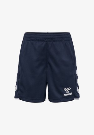 Marineblaue Sportshorts mit elastischem Bund, weißen Chevron-Streifen an den Seiten und weißem Hummel-Logo auf dem vorderen linken Bein.