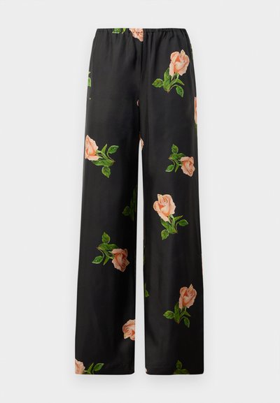 Pantaloni negri cu picioare largi, dintr-un material neted, cu un model floral de trandafiri piersicii și frunze verzi. Talie elastică pentru confort.