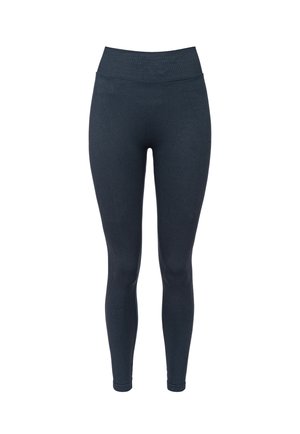 Leggings de color azul marino con una cintura alta, textura suave, diseño ajustado y construcción sin costuras a lo largo de las piernas.