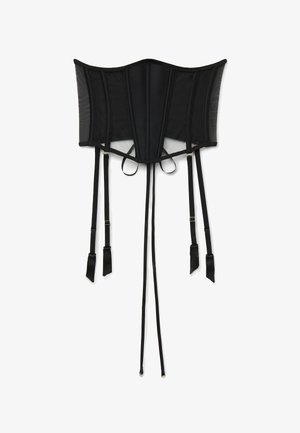 Schwarzer Korsett mit strukturiertem Design, ausgestattet mit Netzpaneelen, Stäbchen für die Form und verstellbaren Trägern mit seidenartigen Enden.