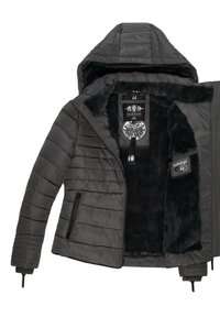 Padded black jacket with a hood, featuring a soft fur lining, ribbed cuffs, zippered pockets, and a textured exterior with quilted patterns.