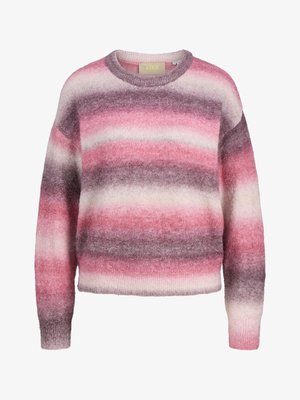 Minkštas, pūkuotas megztinis su horizontalios juostelėmis rožinės, purpurinės ir baltos spalvų atspalviais, ilgomis rankovėmis bei ribotais rankogaliais ir apačia.