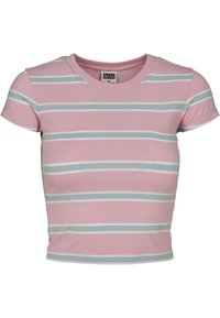Ružičasti kratki crop top s horizontalnim prugama u svijetlo plavoj i bijeloj boji. Izrađen od mekog, rastezljivog pamučnog materijala.
