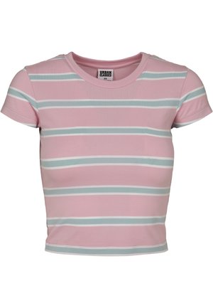 T-shirt court à manches courtes de couleur rose avec des rayures horizontales bleu clair et blanches. Fabriqué en coton doux et extensible.