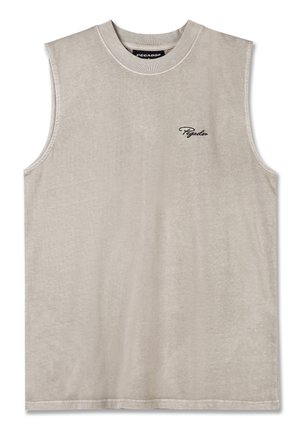 Débardeur beige sans manches en tissu doux. Il dispose d'un col rond et d'un logo noir brodé sur la poitrine. Design simple et minimal.
