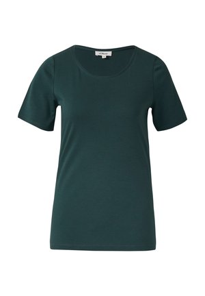 Dark green short-sleeve crew neck t-shirt with a small brand label sewn inside the neckline.