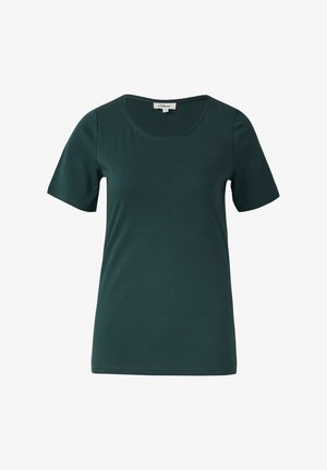 Dunkelgrünes T-Shirt mit kurzen Ärmeln und Rundhalsausschnitt, mit einem kleinen Markenetikett, das innen am Ausschnitt eingenäht ist.