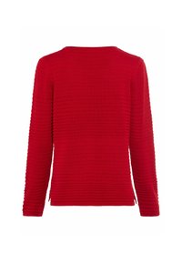 Rode gebreide top met lange mouwen, voorzien van een textuurpatroon, een ronde hals en zijsplitten aan de onderkant voor gemakkelijk bewegen.