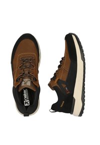 Brown leather and black suede hiking shoes with rubber sole, round toe, and lace-up design. Features stitching details and logo accents.