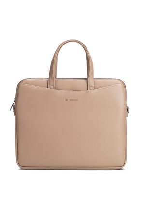 Valigetta rettangolare in pelle beige con doppio manico e cerniera superiore, design minimalista, logo Wittchen impresso al centro davanti.